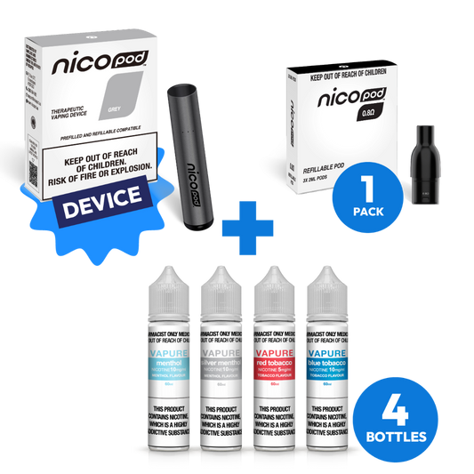 NICOPOD® DEVICE & VAPURE FREEBASE 4 BOTTLE STARTER PACK