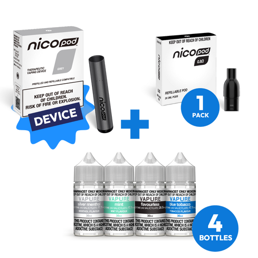 NICOPOD® DEVICE & VAPURE NICOTINE SALTS 4 BOTTLE STARTER PACK